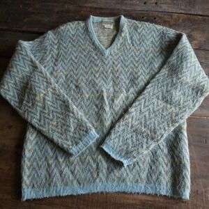 Vintage Catalina Mohair Blend V-Neck Sweater XL Blue Tan Zigzag Fuzzy Knit 1960s